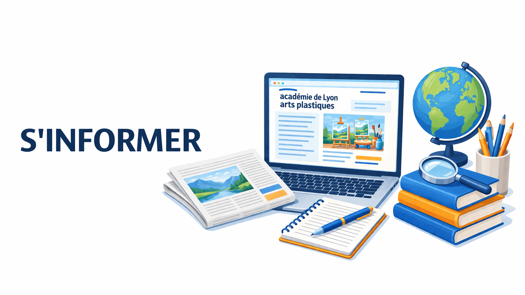Un visuel épuré sur fond blanc, dans une esthétique vectorielle cohérente avec la charte graphique du site. À gauche, le titre « S'INFORMER » en capitales affirme la fonction de la rubrique. À droite, une composition claire associe ordinateur, documents et supports numériques, évoquant la consultation de ressources en ligne. La présence d'un personnage en situation de lecture renforce l'idée d'accès à l'information, de recherche et de veille, en lien avec les arts plastiques et les contenus académiques.
